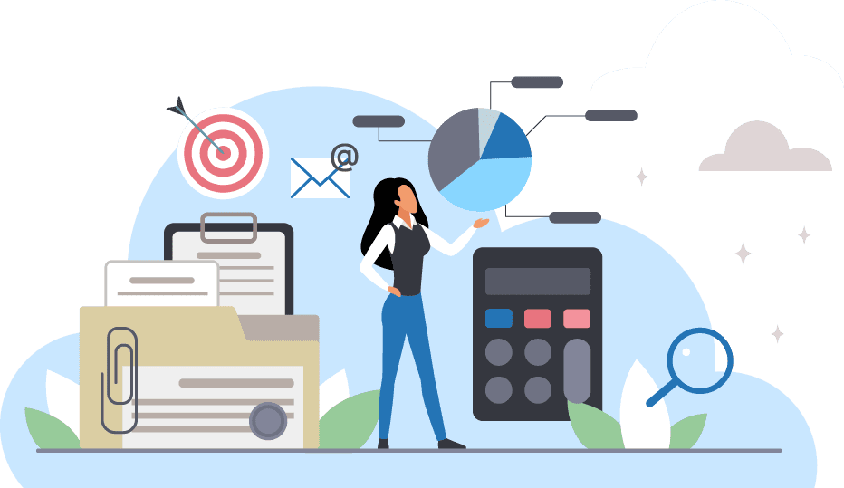 Illustration of a woman surrounded by office products Illustration of a woman surrounded by office products