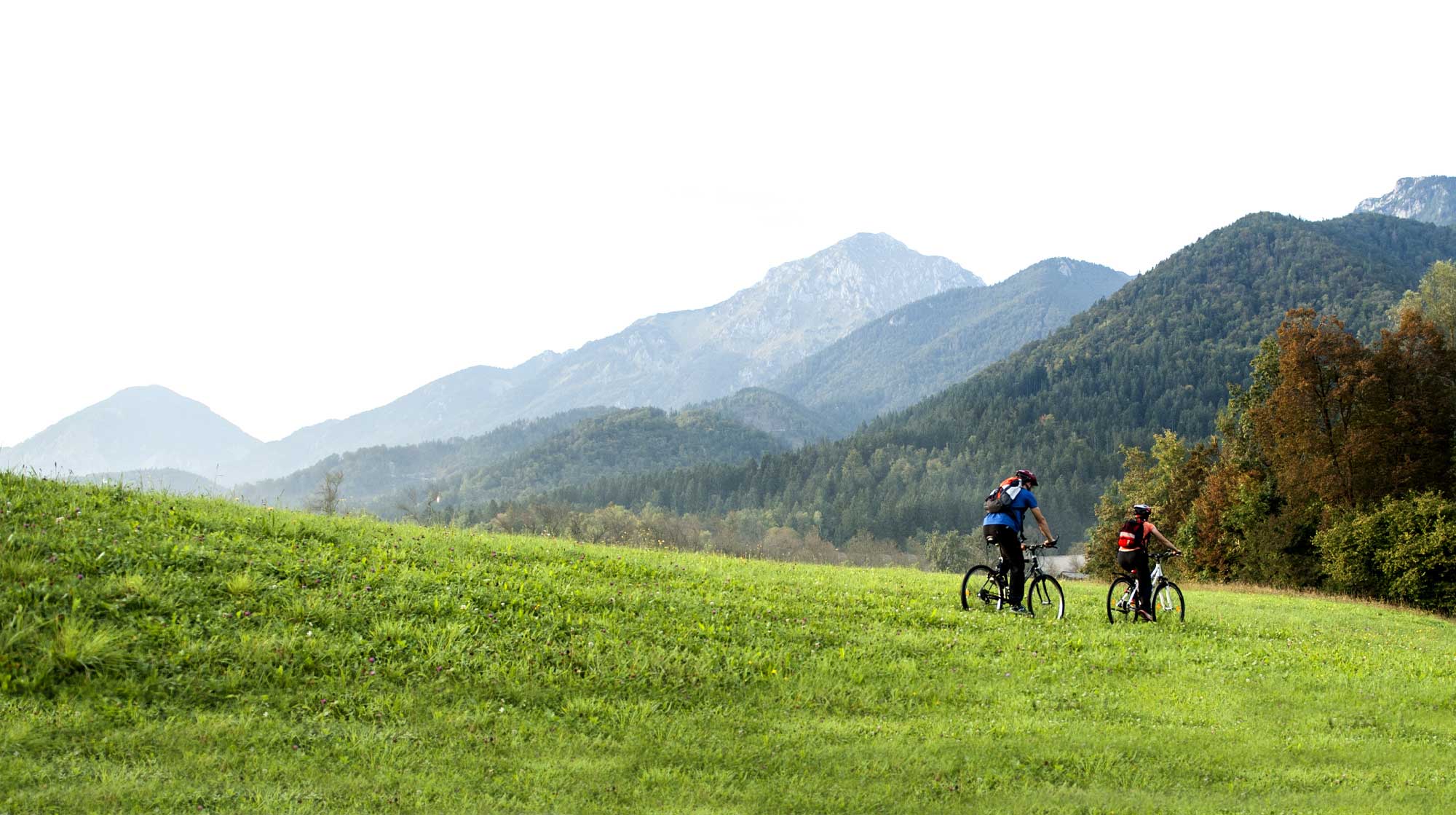 two people riding bikes through a grassy valley