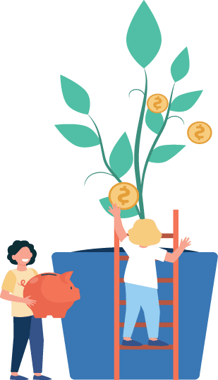 Illustration of people taking coins off a tree to put in a piggy bank