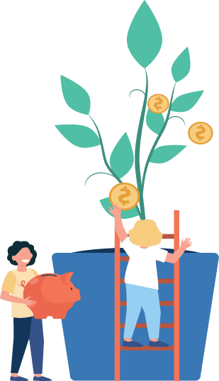 lf-illustration-saving Illustration of people taking coins off a tree to put in a piggy bank